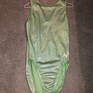 Bright green sparkly alpha factor gymnastics leo